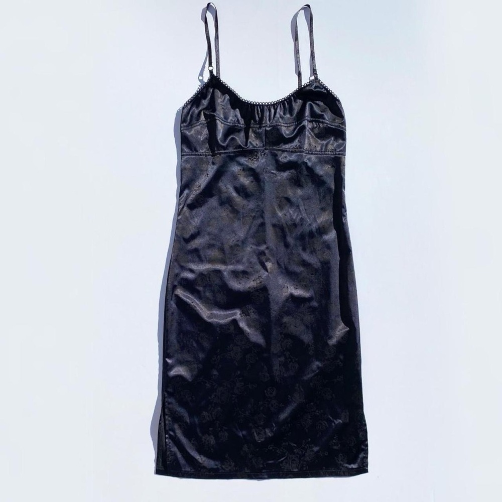 Vintage 90s Maxima Boutique Black Satin Floral Strap Dress Women's Large Y2K